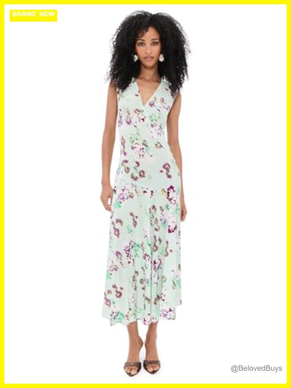 Silk Georgette Floral Midi Dress V-Neck Cap Sleeve Fit Flare